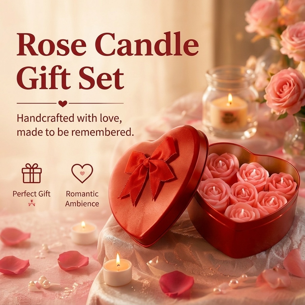 Holiday Candle Set - 6-Piece Set of Rose-Shaped Soy Wax